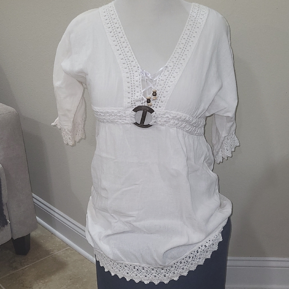 100 % COTTON Chic White Lace Trim Blouse V neck XL (Fits Xs/ S) 3/4 Sleeve Boho.